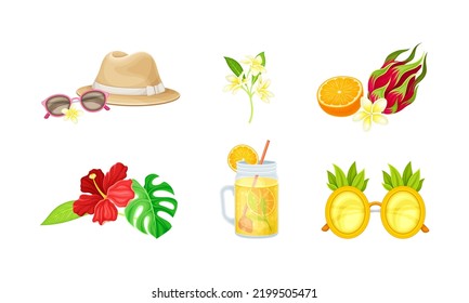 Tropical Party Object with Refreshing Cocktail in Glass, Hibiscus Flower and Sunglasses Vector Set