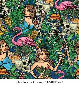 Tropical party pattern seamless vintage colorful Mexican-style woman with cocktails in swimsuits and skeleton among palm branches vector illustration