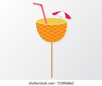 Tropical party photo booth prop on a stick pineapple juice inspired by summer. Hawaii vector element for party. 