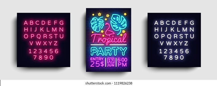 Tropical party poster neon vector. Summer party design template, bright neon brochure, modern trend design, light banner, typography invitation to the party, postcard. Vector. Editing text neon sign