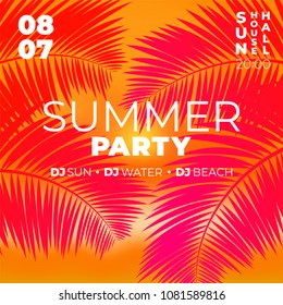 Tropical party poster template. Sunset summer rave background with palm silhouette
