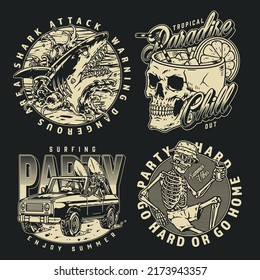 Tropical party set posters vintage monochrome dead men and shark metaphor hard summer rave on hot beach vector illustration