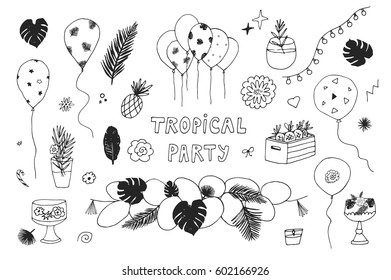 Tropical party vector line graphic set.