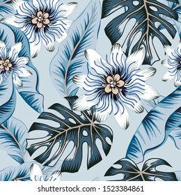 Tropical passion flowers, banana, monstera palm leaves, blue background. Vector seamless pattern. Jungle foliage illustration. Exotic plants. Summer beach floral design. Paradise nature