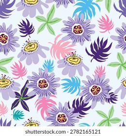 Tropical Passionflower Seamless Pattern, light blue background with purple passionflowers, pink palm leaves, blue fern leaves, green leaves, and dark purple leaves. Seamless pattern for fabric, textile, stationery, wallpaper, wrapping paper, invitations, craft projects, nursery decor, wedding supplies, and summer party themes. Ideal for exotic garden theme, tropical baby shower, rainforest birthday, and jungle luau celebrations.