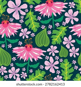 Tropical Passionflower Seamless Pattern, Pink Teal Floral Exotic Rainforest Meadow seamless pattern. Dark teal background with pink passionflowers, lilac wildflowers, and green leaves. Seamless pattern for fabric, textile, stationery, wallpaper, wrapping paper, invitations, craft projects, nursery decor, wedding supplies, and garden party themes. Ideal for exotic meadow theme, tropical baby shower, rainforest bridal shower, and jungle summer celebrations.