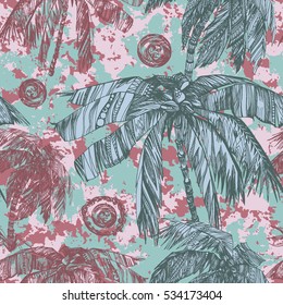 Tropical pastel color pattern Palm trees on a camouflage background pale colorful. Graphic painted exotic plants on a grunge pattern abstract background.