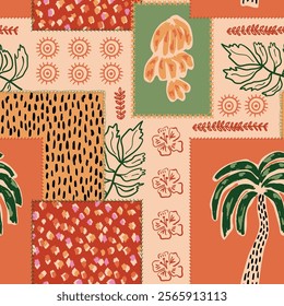 Tropical patchwork seamless pattern. Abstract ethnic vector print with hand drawn palm tree, bananas. Jungle summer beach wallpaper. Hawaiian tribal elements, hibiscus, leopard spots illustration.