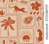 Tropical patchwork seamless pattern. Brown summer jungle print, leopard, parrot, palm tree, leaves framed wallpaper. Organic ethnic textile design, hand drawn beach repeat background. Vector paper.