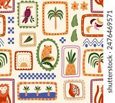 Tropical patchwork seamless pattern. Cute jungle framed repeat background. Summer palm tree, monkey animal, jaguar, toucan bird, leaves, fruit in frames. Vector checkered print, geometric elements