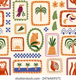 Tropical patchwork seamless pattern. Cute jungle framed repeat background. Summer palm tree, monkey animal, jaguar, toucan bird, leaves, fruit in frames. Vector checkered print, geometric elements