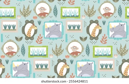 Tropical patchwork seamless pattern. Repeating design element for printing on fabric. Giraffe, monkey and hippopotamus in frames. African fauna and wildlife. Flat vector illustration