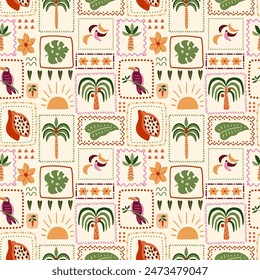 Tropical patchwork seamless pattern. Summer palm tree, bananas, leaves, toucan bird, fruit in square frame. Cute exotic print, hawaii background, wallpaper, floral geometric elements, checkered vector