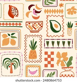 Tropical patchwork seamless pattern. Summer vector geometric frame with exotic fruits. Cute jungle palm tree framed, flowers, vase, food repeat background, checkered print, bright childish wallpaper.