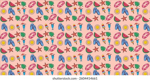 Tropical patchwork Summer seamless pattern on brown background. Outline icons of sun, ice cream, beach umbrella, glasses, palm and other. Vector illustration.