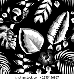 Tropical pattern with abstract plants and leaves on dark background. Hawaiian style. Seamless pattern with vintage nature ornaments. monochromatic stylish color. Floral background. Exotic tropics.