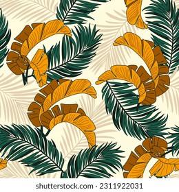 Tropical pattern with abstract plants and leaves on a light background. Hawaiian Style. Seamless pattern with colorful leaves and plants. Colorful floral vector illustration.