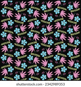 Tropical pattern with abstract plants and leaves on black background, Seamless summer colorful hawaiian pattern.