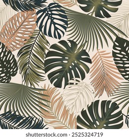 Padrão tropical com plantas abstratas e folhas em um fundo claro. Estilo havaiano. Padrão perfeito com folhas e plantas coloridas. Ilustração de vetor floral colorida.