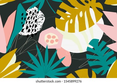 Tropical pattern with abstraction elements on a dark background. Mid-century modern art