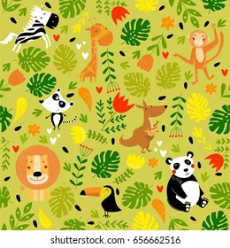 Tropical pattern with animals. Lion, panda, toucan, kangaroo, zebra, monkey, giraffe, lemur. Can be printed on fabric.