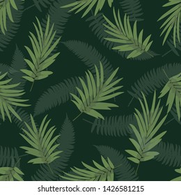 Tropical pattern background with palm leaves on dark green backdrop. Seamless green botanical backdrop. Vector illustration.