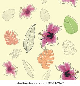 Fondo de patrón tropical con 
Flores de escarlata de Hibiscus. 