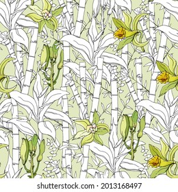 Tropical pattern with bamboo and vanilla flowers. Hand-drawn vector oriental sketch for wallpaper, decoration papers.