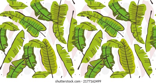 Tropical pattern with banana leaves on white. Vector seamless tropical pattern, summer vibes