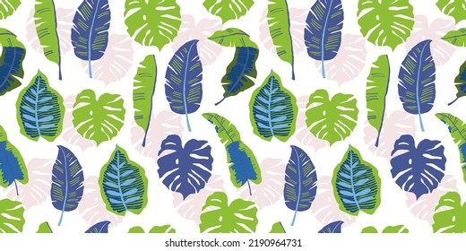 Tropical pattern with banana leaves on white. Vector seamless tropical pattern, summer vibes