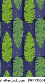 Tropical pattern with banana and palm leaves and folk pattern on blue background with silhouette. Natural vector texture with foliage. Jungle wallpaper with tribal decoration. Backdrop with rainforest