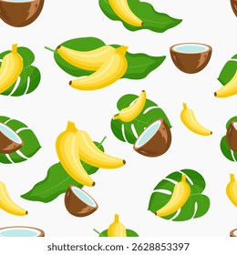 Tropical pattern with bananas, coconut and palm leaves