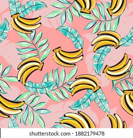 Tropical pattern with bananas and tropical leaves