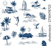 Tropical pattern, beach, surf, sun, ocean, sea, wave, hand drawn vector illustrations