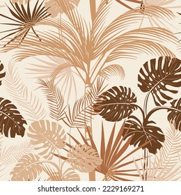 tropical pattern with beige background and palm tree with bushes and leaves of monstera and livistonia for surface and textile design