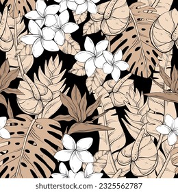 Tropical pattern with beige flowers on black