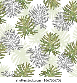 Tropical pattern with big stylised philodenderon leaves. Ink drawing. Hand drawn vector illustration on white background.