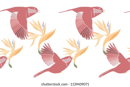 Tropical pattern of bird of paradise flowers with exotic red birds. Vintage vector botanical illustration. Seamless background, texture, wrapper pattern, frame or border. Digital nature art.