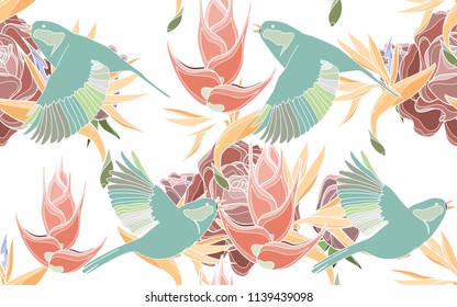 Tropical pattern of bird of paradise flowers with exotic green birds. Vintage vector botanical illustration. Seamless background, texture, wrapper pattern, frame or border. Digital nature art.