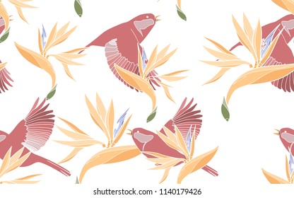 Tropical pattern of bird of paradise flowers with exotic red birds. Vintage vector botanical illustration. Seamless background, texture, wrapper pattern, frame or border. Digital nature art.