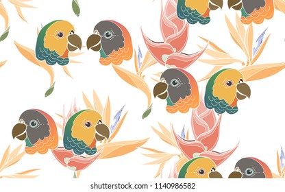 Tropical pattern of bird of paradise flowers with exotic parrots. Vintage vector botanical illustration. Seamless background, texture, wrapper pattern, frame or border. Digital nature art.