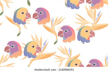 Tropical pattern of bird of paradise flowers with exotic parrots. Vintage vector botanical illustration. Seamless background, texture, wrapper pattern, frame or border. Digital nature art.