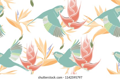 Patrón tropical de pájaros de flores paradisíacas con exóticos pájaros verdes. Ilustración botánica vectorial vintage. Fondo, textura, patrón de envoltura, marco o borde sin inconvenientes. Arte natural digital.