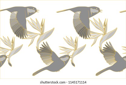 Tropical pattern of birds and bird of paradise flowers. Golden outline. Vintage vector botanical illustration. Seamless background, texture, wrapper pattern, frame or border. Digital nature art.