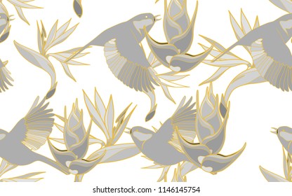 Tropical pattern of birds and bird of paradise flowers. Golden outline. Vintage vector botanical illustration. Seamless background, texture, wrapper pattern, frame or border. Digital nature art.