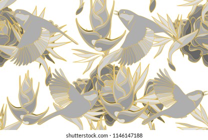 Tropical pattern of birds, roses, bird of paradise flowers. Golden outline. Vintage vector botanical illustration. Seamless background, texture, wrapper pattern, frame or border. Digital nature art.