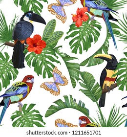 Tropical pattern with birds, toucans, parrots, butterflies and hibiscus flowers. Seamless vector background.