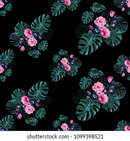 Tropical pattern with blossom monstera. Vintage square watercolor print with tropic leaves. Summer seamless pattern background with floral elements on black backdrop.