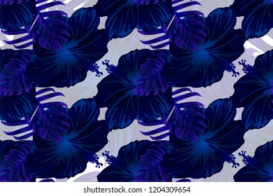 Tropical pattern. Blue, indigo, black exotic summer flower vector background. Beauty fasion monstera, palm leaves and hibiscus flowers. Hawaiian tropic jungle endless print. Natural swimwear design.