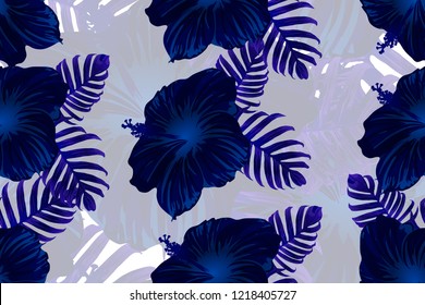 Tropical pattern. Blue, indigo, black exotic summer flower vector background. Beauty fasion monstera, palm leaves and hibiscus flowers. Hawaiian tropic jungle endless print. Natural swimwear design.